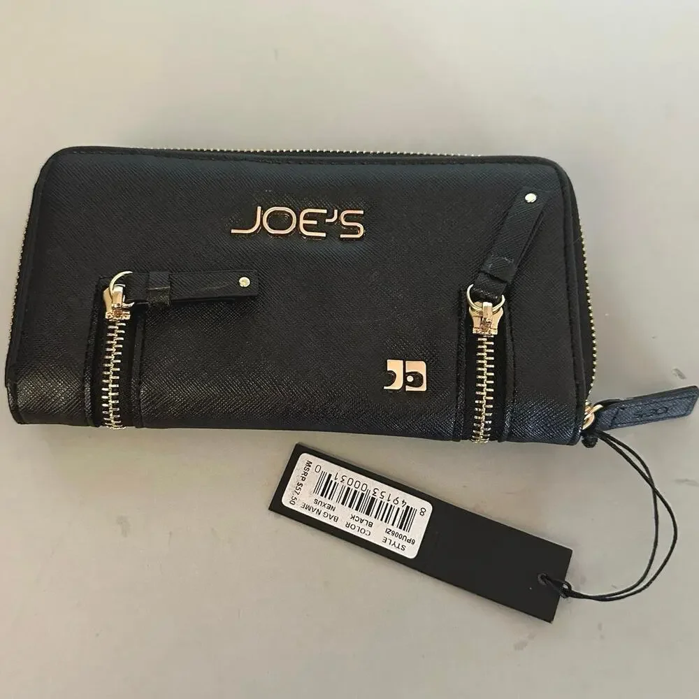 Joe's Womens Nexus Clutch Purse Black Gold Logo Zips Around‎ 4